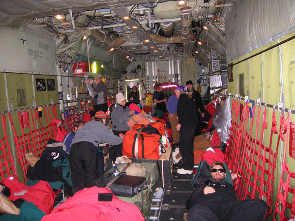 Getting comfortable on a LC-130 to South Pole